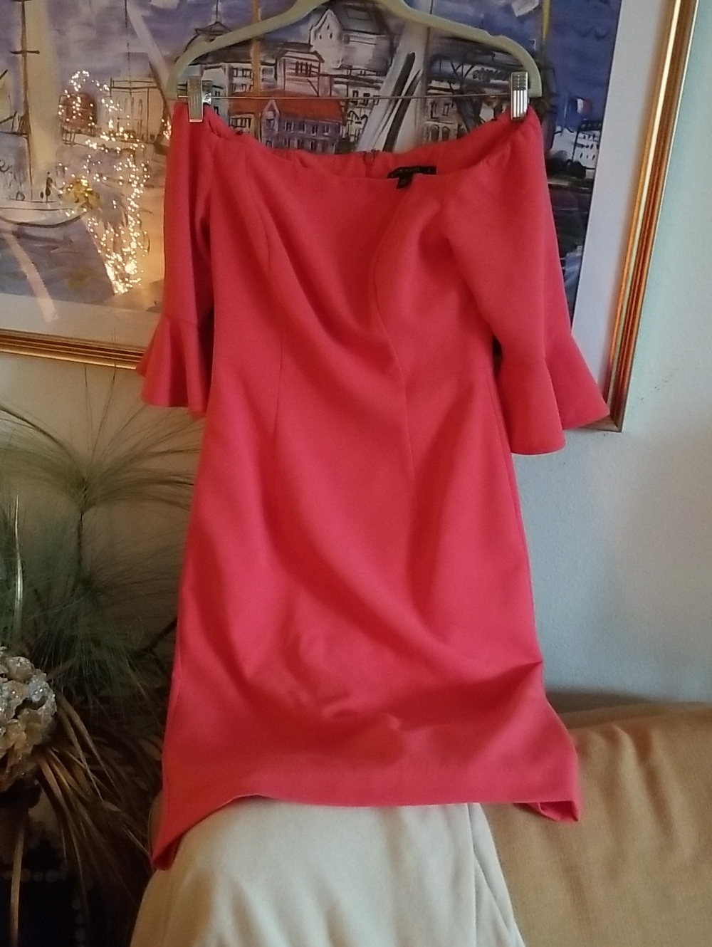 Black Halo Coral Pink Off-Shoulder Midi Dress